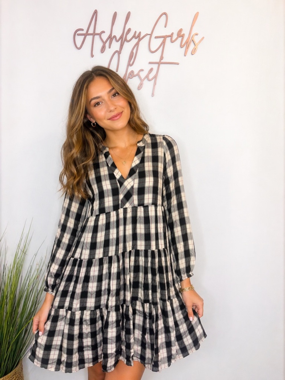 Maeve by Anthropologie Plaid Tiered Babydoll Dress | XS | Black Cream - Picture 1 of 5